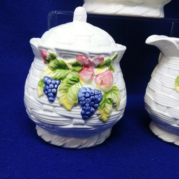 Pitcher Sugar Creamer Set Basket Weave Fruit Pattern Interpur Int'l Ceramic - Picture 4 of 11